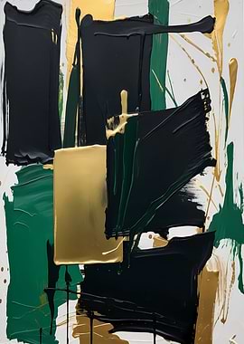 Abstract Painting with Black, Gold, and Green