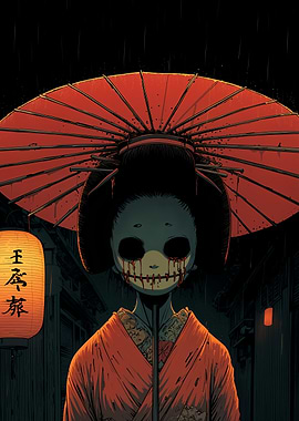 Creepy Geisha with Red Umbrella