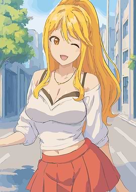 Anime Girl Winking in Cityscape