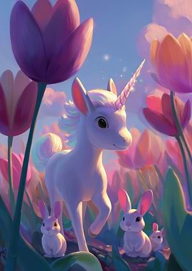 Unicorn and Bunnies in Tulip Field