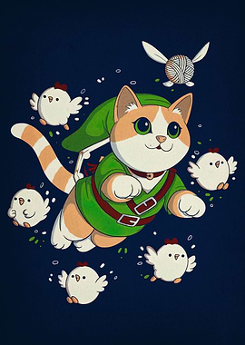 Link Cat with Chickens and Yarn