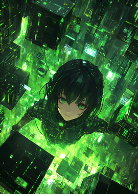 Anime Girl in Cyberpunk Green Cityscape