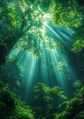 Sunbeams through a lush green forest
