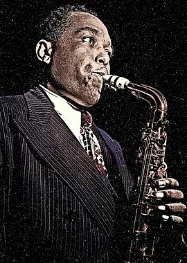 Charlie Parker playing saxophone in suit