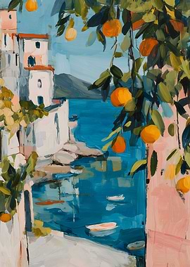 Coastal Town with Oranges Painting