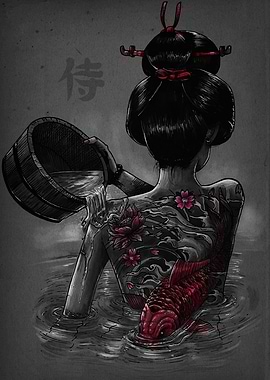 Geisha in Water with Koi Tattoo