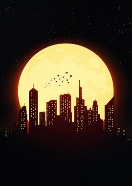 Cityscape Silhouette with Full Moon