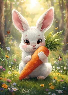Cute Bunny with Carrot in Meadow