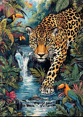 Jaguar in Jungle with Waterfall