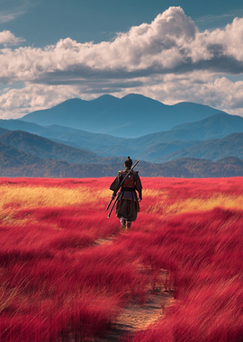 Samurai in Red Field Landscape