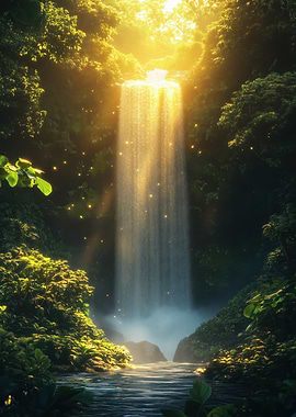 Luminous Waterfall in Lush Forest