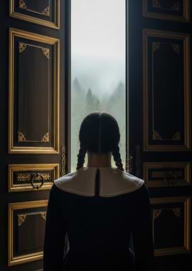 Girl in doorway overlooking misty forest