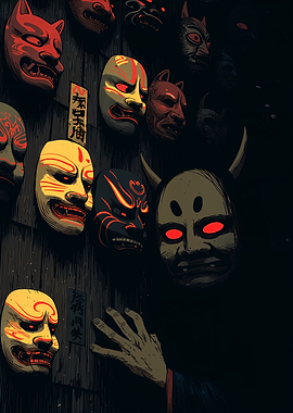 Japanese Masks on Wall with Hand