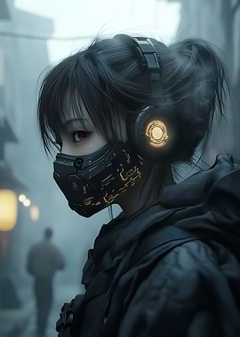 Cyberpunk Girl with Mask and Headphones