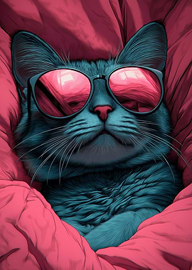 A cool dark blue cat with pink sunglasses and a scarf