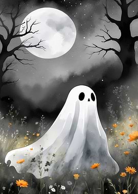 Watercolor Ghost in a Floral Field