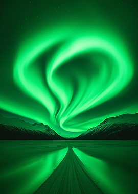 A breathtaking sky with luminous green auroras twisting