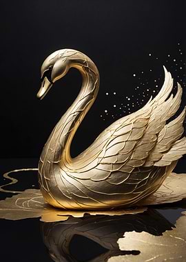 Golden Swan on Black Background