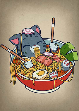 Cartoon Cat Enjoying Ramen Bowl