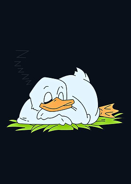 Sleeping Cartoon Duck on Green Grass