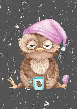 Sleepy Owl with Coffee Cup