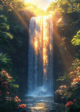 Luminous Waterfall in Lush Jungle