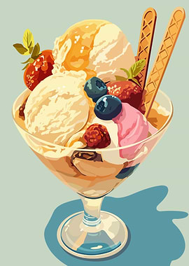 Ice Cream Sundae with Berries and Wafers