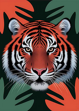 Tiger Portrait with Abstract Leaf Background Pop Art