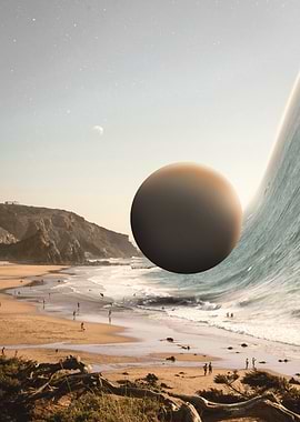 Surreal Beach Scene with Sphere and Wave