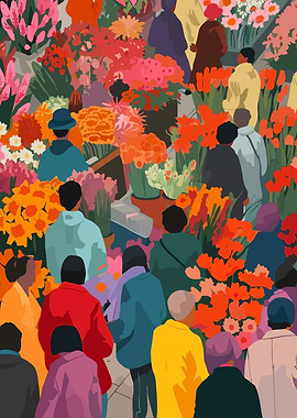 Vibrant Flower Market Crowd Illustration