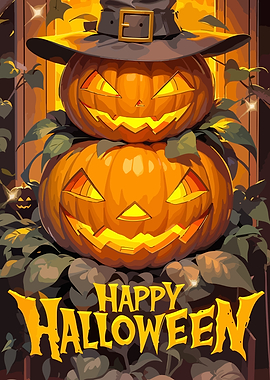 Happy Halloween Pumpkins with Witch Hat