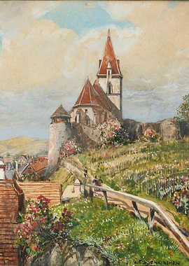 Watercolor Painting of a European Village