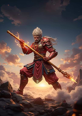 Monkey King with Staff on Mountain