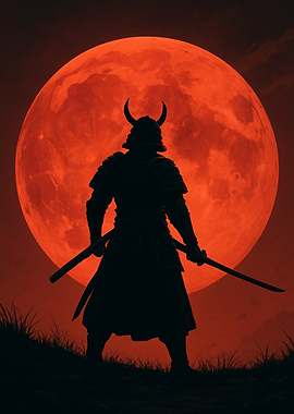 Samurai Silhouette Red Moon
