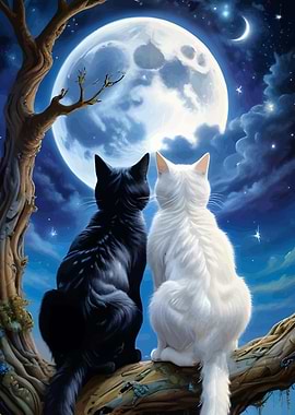 Black and White Cats Under Moonlight