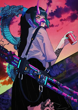 Cyberpunk Oni Girl with Coca-Cola