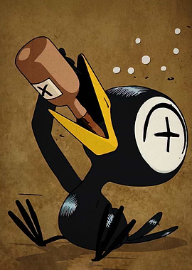 Cartoon Bird Drinking from Bottle