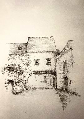 Ink Drawing of a European Village Street