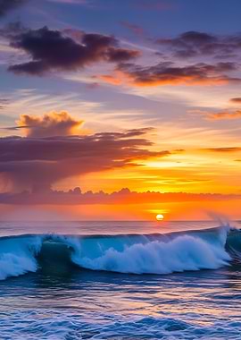 Ocean Wave at tropical vibrant Sunset colorful clouds and blue sky