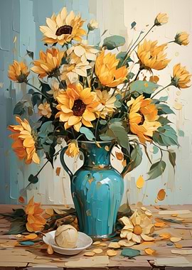 Sunflower Still Life with Blue Vase