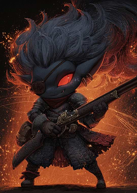 Fantasy Warrior with Gun in Fiery Setting