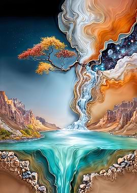 Surreal Landscape with Waterfall and Tree