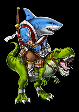 Shark Ninja Samurai Riding T-Rex Dinosaur
