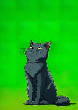Sitting Gray Cat with Green Background