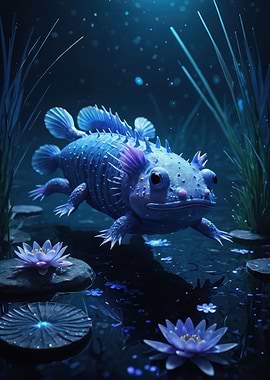 Bioluminescent Axolotl in Moonlit Pond - Fantasy Aquatic Creature Art