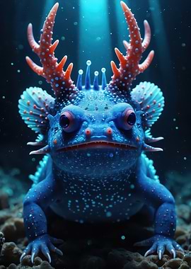 Bioluminescent Blue Frog with Coral Antlers — Underwater Fantasy Creature 3D Render