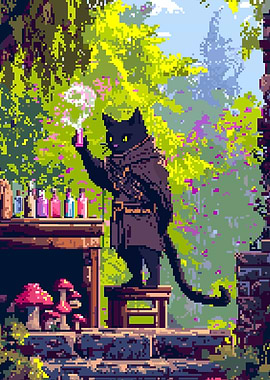 Pixel Art Cat Alchemist in Garden