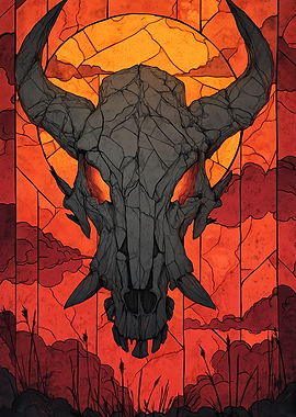 Skull with Horns and Fiery Eyes