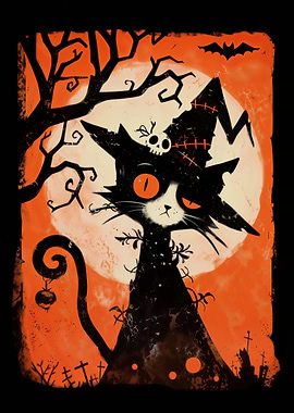 Retro Spooky Halloween Black Cat with Moon