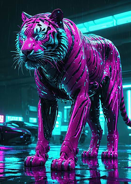 Neon Cyberpunk Tiger — Futuristic Robotic Bengal in Rain